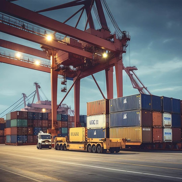 Hafen mit Containern und Kränen symbolisiert Jobs in Logistik und Transport bei hpm (Hofmann Projektmanagement)