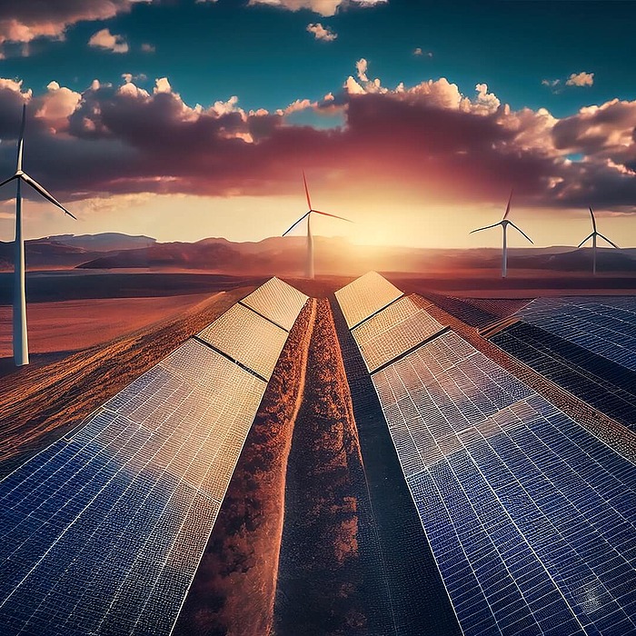 Solar- und Windenergieanlagen bei Sonnenuntergang symbolisieren nachhaltige Jobs bei hpm (Hofmann Projektmanagement)