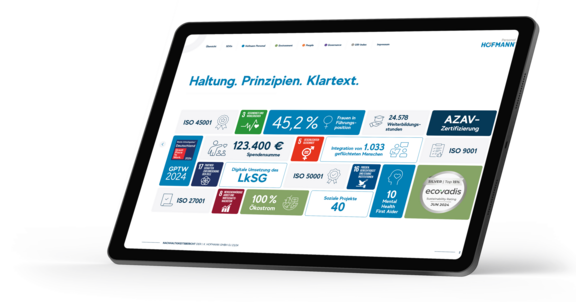 Tablet mit der Webseite des Nachhaltigkeitsberichts von Hofmann Personal